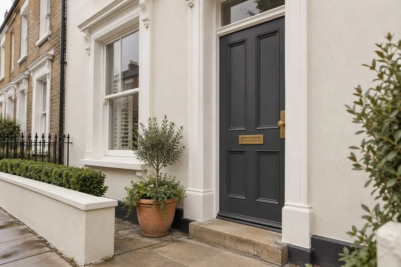 Illustration of a cream rendered terrace with a charcoal panelled front door, a brass letterbox and a potted olive tree