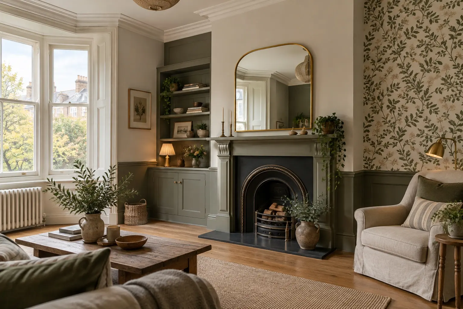 Illustration of a warm living room with neutral walls, olive-grey panelling, a fireplace and botanical wallpaper on one wall