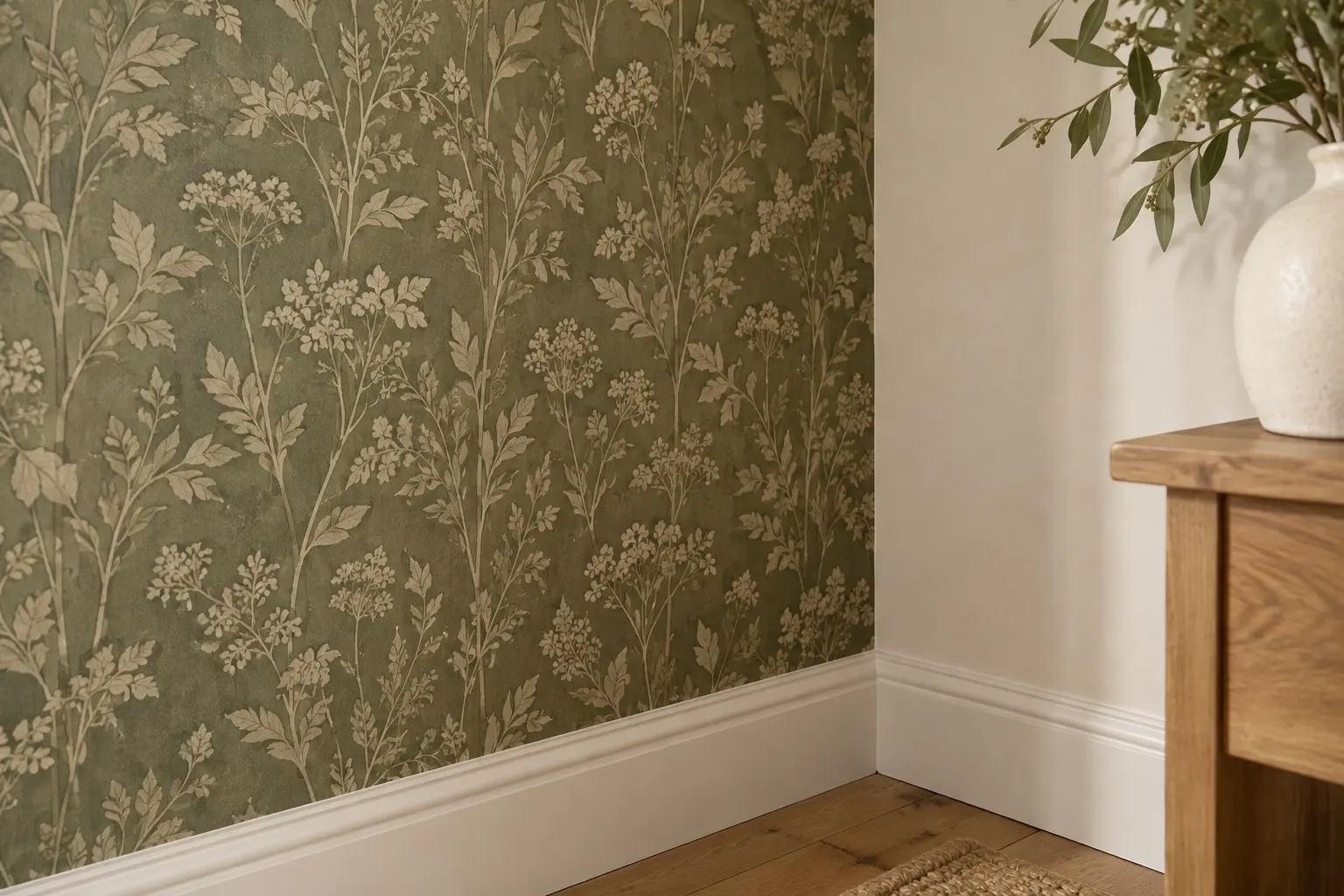 Illustration of botanical wallpaper meeting a painted wall above white skirting